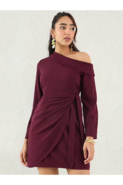 Styli Wine One Shoulder Wrap Mini Dress