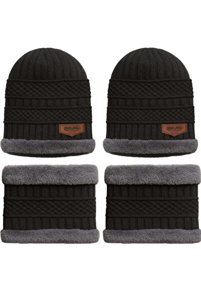 SARAOONT 4 Piece Winter Beanie Hat and Scarf Set All Black Thick Warm and Cozy for Cold Weather