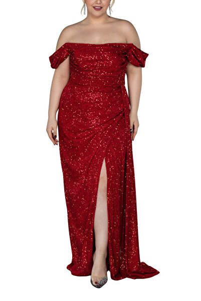 Arden Plus Size Evening Dress, Sequin Sequin Boat Neck, Wedding with Slit, Engagement Junior Evening Dress, Graduation Dress, 42-50