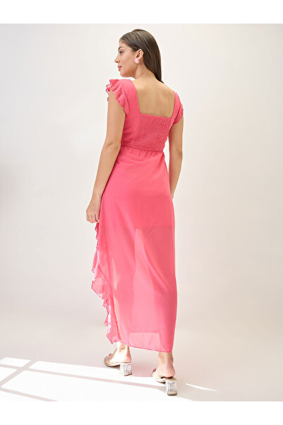 Globus By Styli Pink Square Neck Ruffle Hem Maxi Dress