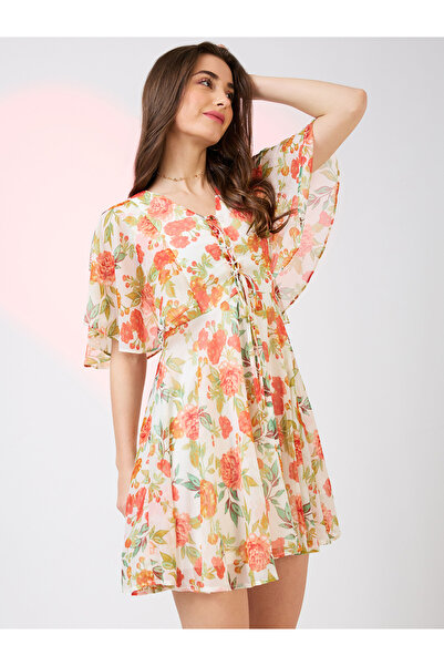Globus By Styli Pink Flared Sleeves Floral Print Mini Dress