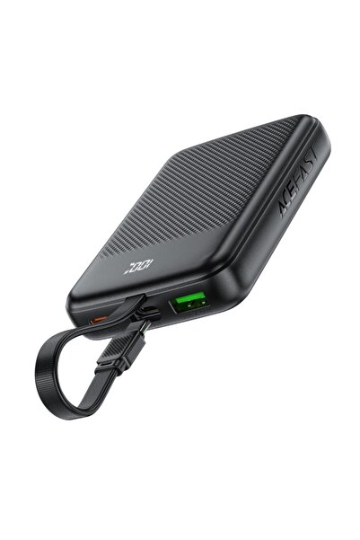 Acefast Εξωτερική μπαταρία 10000mAh, ενσωματωμένο καλώδιο, USB + Type-C, PD22.5W, οθόνη LED, μαύρο