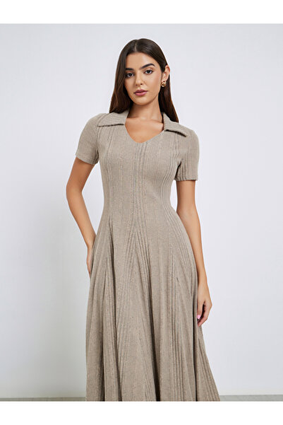 Styli Beige Knit Midi Dress with Open Collar