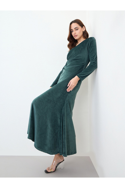 Styli فستان ماكسي بتصميم A-line مخملي أخضر داكن