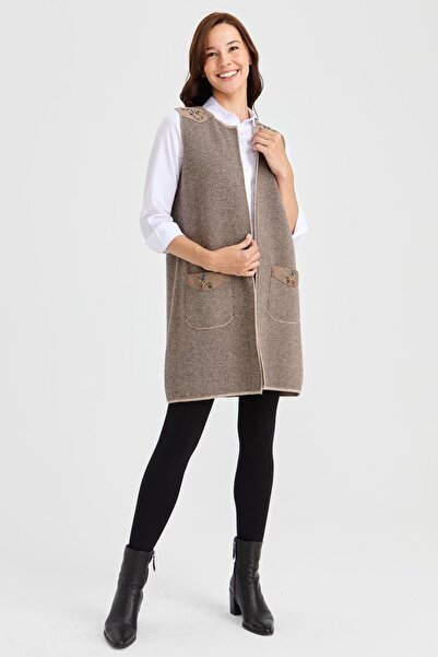 Nazen Giyim Beige Women's Vest with Crew Neck, Shoulder and Pocket Felt Embroidery 23115-2K4