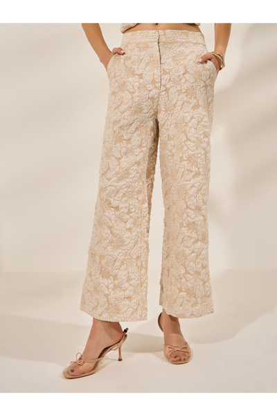 Styli Beige Jacquard Wide Leg Trousers