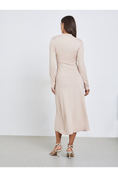 Styli Beige Long Sleeve Gathered Midi Dress