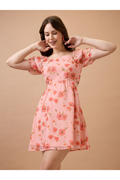Globus By Styli Pink Floral Printed Square Neck Mini Dress