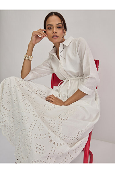 Styli White Schiffli Hem Maxi Shirt Dress