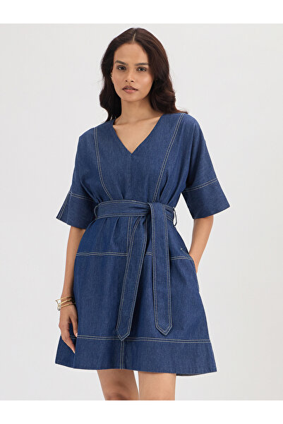 Styli Navy Blue Denim A-Line Mini Dress