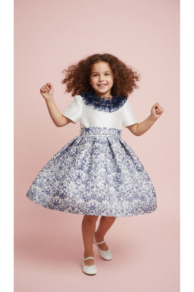 Jolanda Dark Blue Satin Girl's Dress with Belt