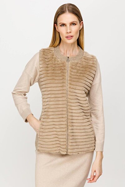 Nazen Giyim Zero collar pocket beige women's vest 20053-2k5