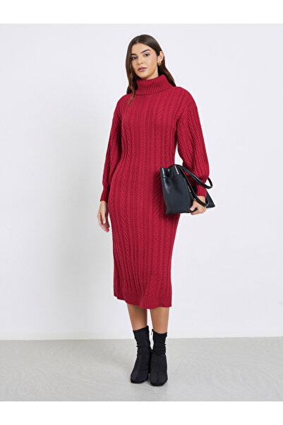 Styli Red Cable Knit Sweater Midi Dress