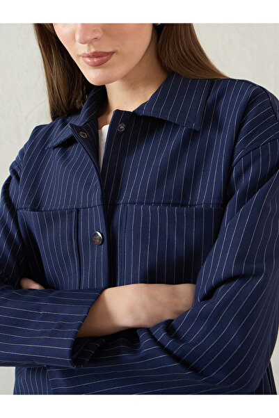 Femmella By Styli Women Navy Blue Striped Jacket