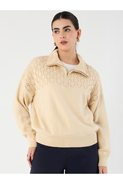 Femmella By Styli Beige Collared Half Pulle Sweater