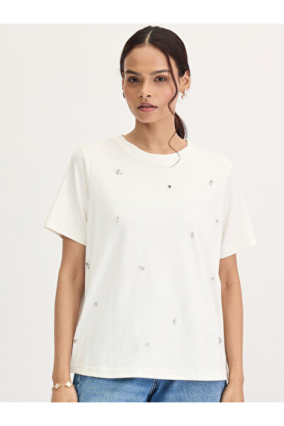 Femmella By Styli White Rhinestone Embellished Short Sleeve T-Shirt