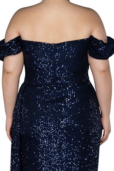 Arden Plus Size Evening Dress, Sequin Sequin Boat Neck, Wedding with Slit, Engagement Junior Evening Dress, Graduation Dress, 42-50