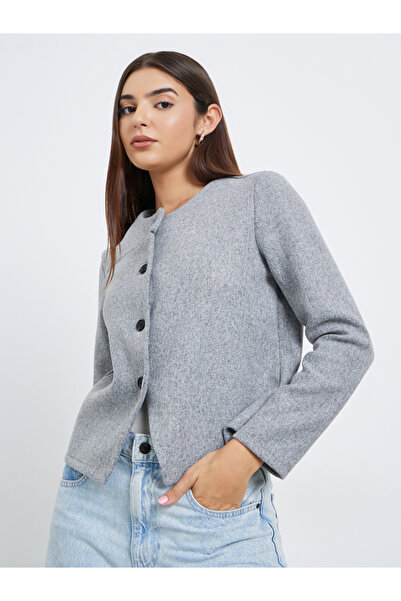 Styli Women Grey Plain Button Front Regular Fit Wool Jacket