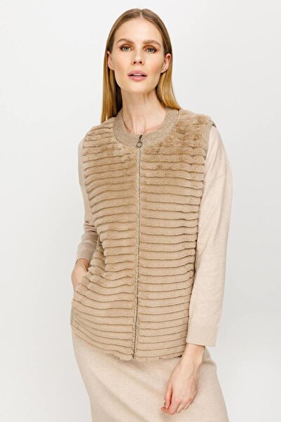 Nazen Giyim Zero collar pocket beige women's vest 20053-2k5