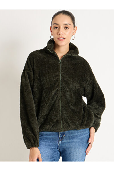 Femmella By Styli Olive Fuzzy Fleece Zip-Up Jacket