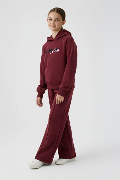 Perendi Girl's Hooded Winter Set with Fleece Inside and Cat Embroidery, Model Fleece-Lined Burgundy