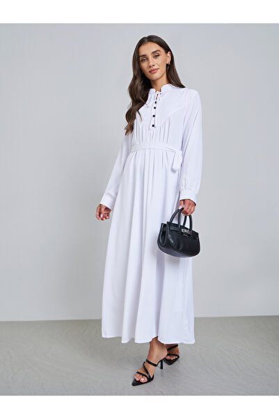Styli White Solid Tie Neck Long Sleeve Midi Dress