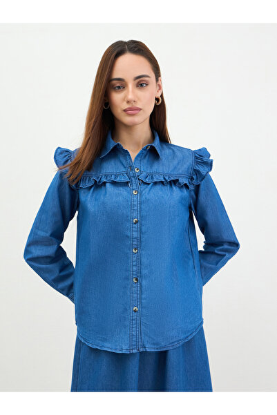Styli Denim Ruffle Detail Buttoned Shirt
