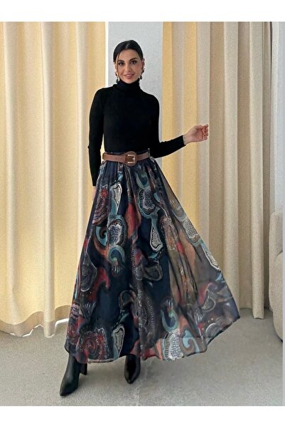 Butik Beyza Шифон довгий підкладковий принт таба ремінь деталі спідниця