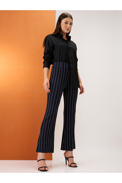Globus By Styli Navy Blue Striped Bootcut Trousers