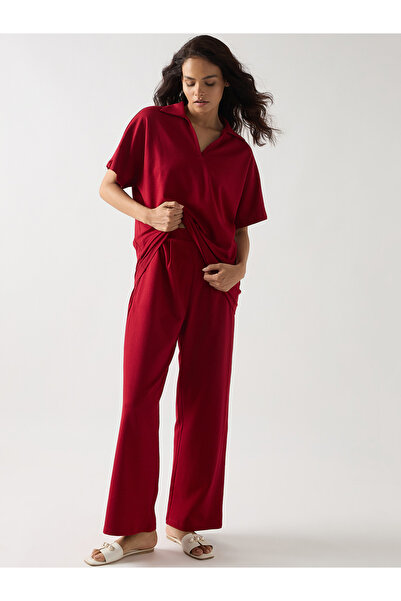 Femmella By Styli Red Cotton Knit Straight Fit Pants
