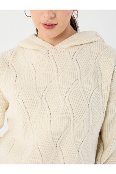 Femmella By Styli Cream Pointelle Oversized Hooded Sweater