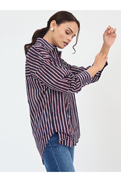 Femmella By Styli Navy Cotton Stripe Oversized Shirt