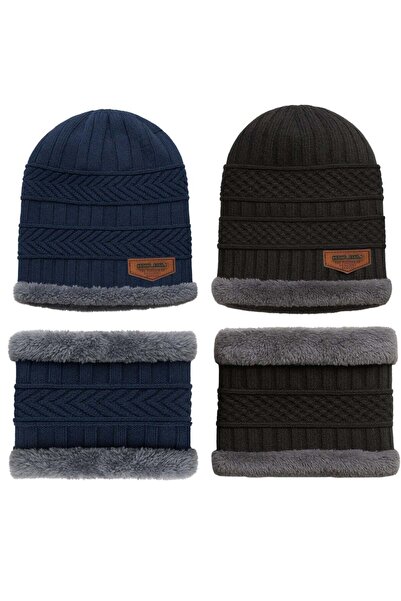 SARAOONT 4-Piece Winter Beanie and Scarf Set (2 Black, 2 Navy)