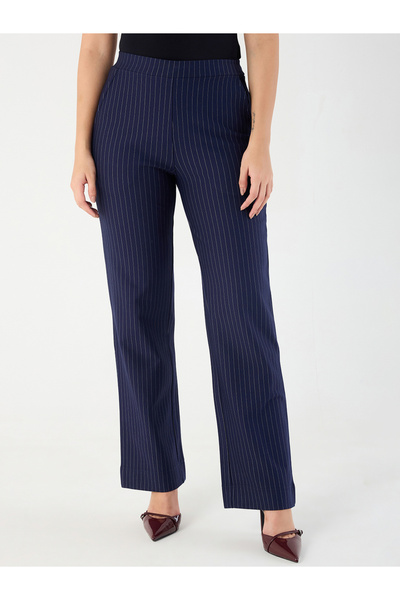 Femmella By Styli Navy Blue Pinstripe Regular Fit Trousers