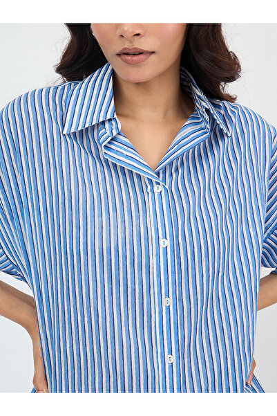 Femmella By Styli Blue Cotton Stripe Oversized Shirt