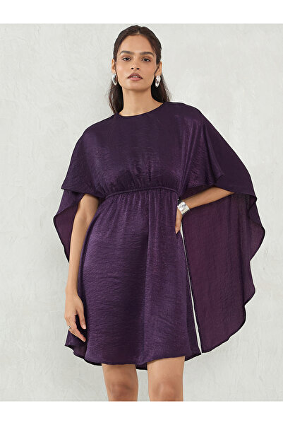 Styli Deep Purple Satin Cape Sleeve Mini Dress