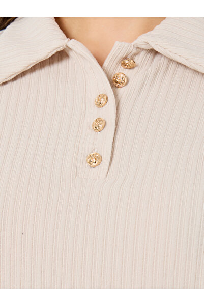 Styli Beige Ribbed Short Sleeve Polo T-Shirt