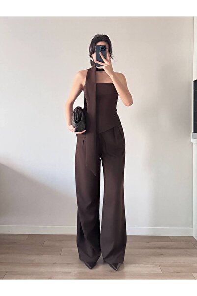 LOCH BUTİK Γυναικείο Καφέ Σαλιάρα Παντελόνι Σετ Δύο Τεμάχια