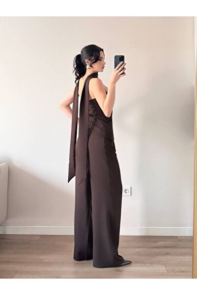 LOCH BUTİK Γυναικείο Καφέ Σαλιάρα Παντελόνι Σετ Δύο Τεμάχια