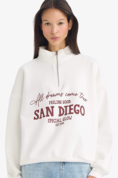 DeFacto G5665Axwt32 White Oversized Wide Fit Half Zipper Printed Thick Sweatshirt
