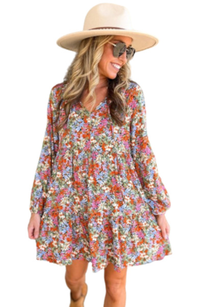 OEM Flared long-sleeve dress with multicolor floral print, Viscose, Size M