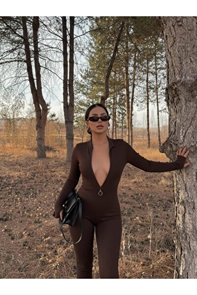 EVOA Γυναικεία φόρμα καφέ κοτλέ με βαθύ φερμουάρ