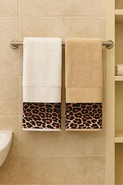 Modares Store Leopard Patterned 2-Piece Hand Towel Set Cream Capp Velvet 50X90