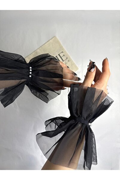 Licshe Siyah Tül İnci Detaylı Handmade Kol Manşeti (1 Çift)