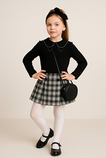 AHENGİM Girl's Ruffle Collar Blouse & Plaid Shorts Skirt 2-Piece Set Ak4155