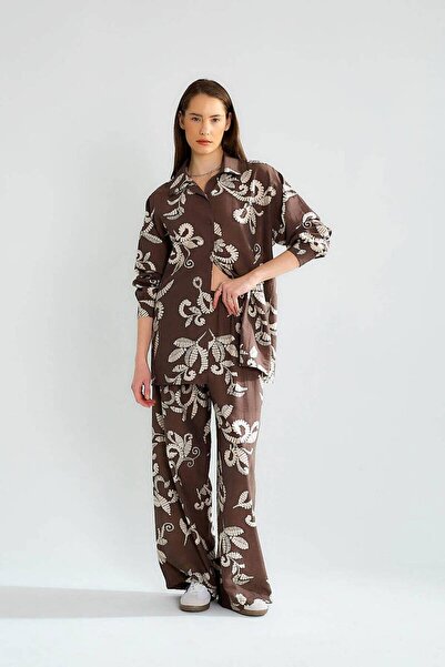 Nazen Giyim Patterned Casual Brown Women's Set M38089-2Y5