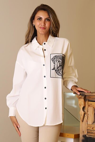 Nazen Giyim Elephant Printed Long Sleeve Ecru Women's Shirt 29591-2Y5