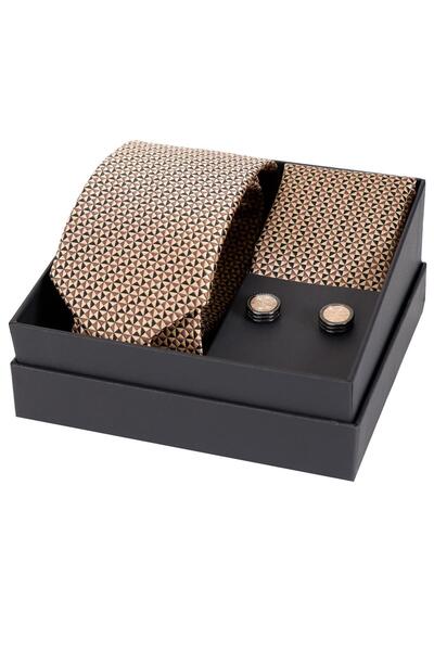 Esgue Σετ δώρου 8 εκ. χειροποίητο μπεζ μαύρο μαντήλι με σχέδιο & μπεζ μαύρο μανικετόκουμπα HSET:129