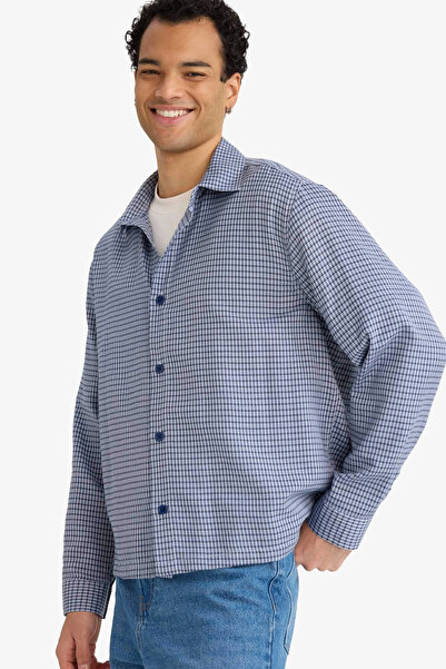 DeFacto G6417Axpr469 Purple Boxy Fit Checked Woven Long Sleeve Shirt