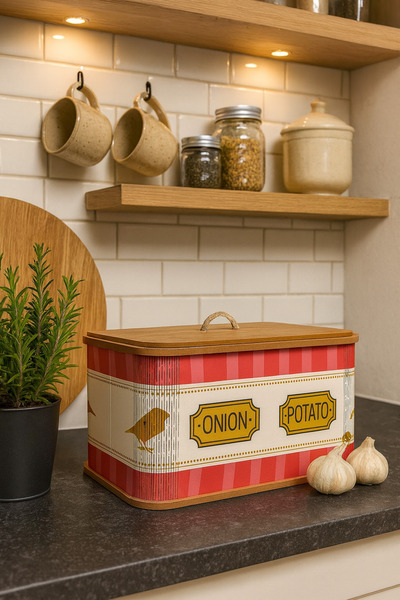 sonnenflügel سلة تخزين خضروات خشبية بنمط طيور الحب مكونة من قسمين، وعاء للبطا...